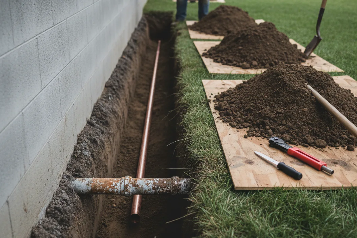 Excavated water line trench during Water Softener Installation in East Canton